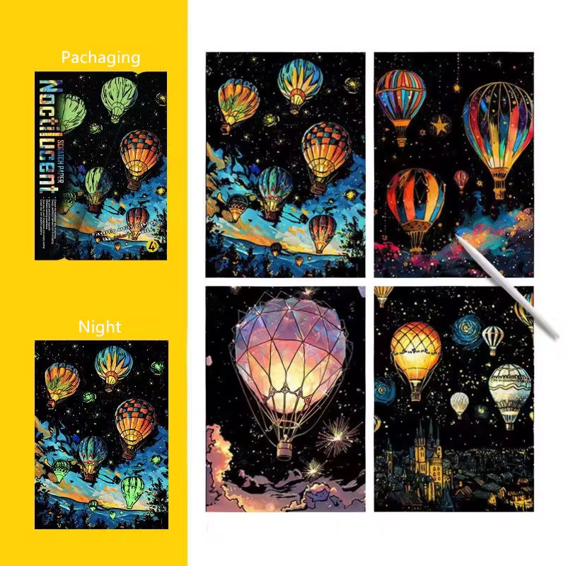 نقاشی خراشیدنی اسکرچ شبتاب بالن A4 بسته 4 برگی